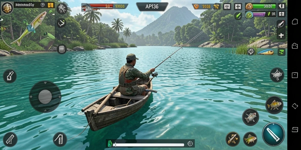 Screenshot gameplay API36 dengan aksi memancing yang intens.