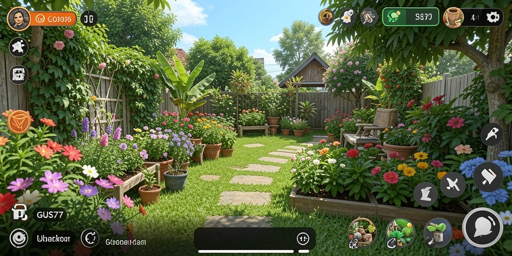 Screenshot gameplay GUS77 menampilkan ladang yang subur dan aktivitas berkebun.