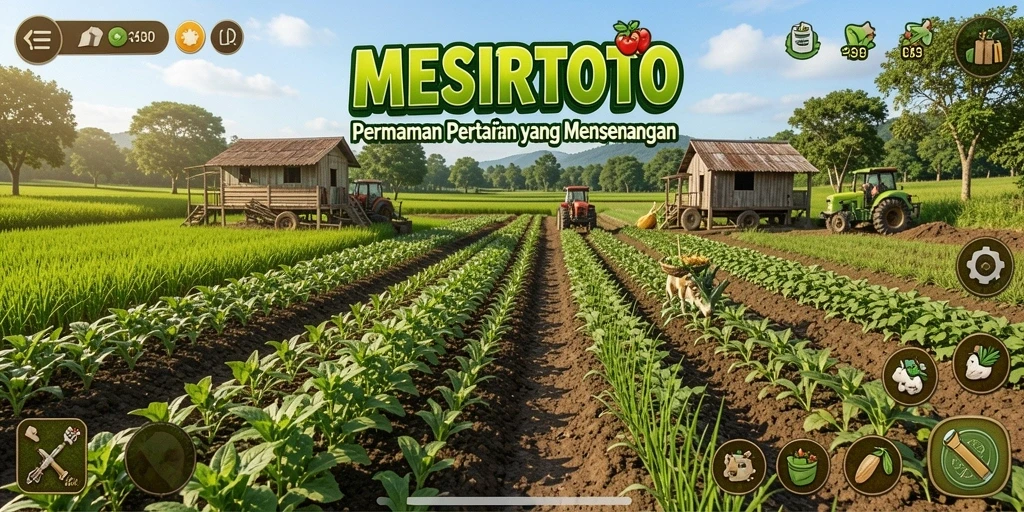 Tampilan gameplay <strong>MESIRTOTO</strong> yang menarik dengan pertanian yang luas.