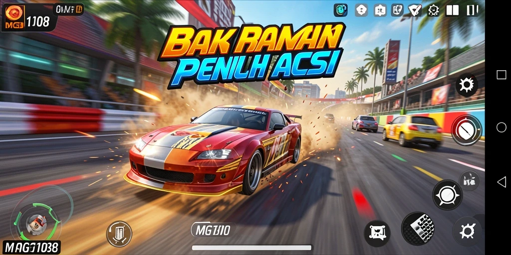 Tampilan aksi balapan seru di MG108 dengan mobil berkecepatan tinggi.