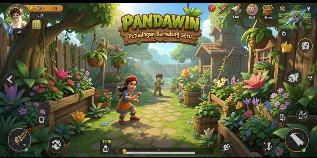 Tampilan gameplay <strong>PANDAWIN</strong> yang menampilkan kebun yang penuh warna dan aktivitas seru.